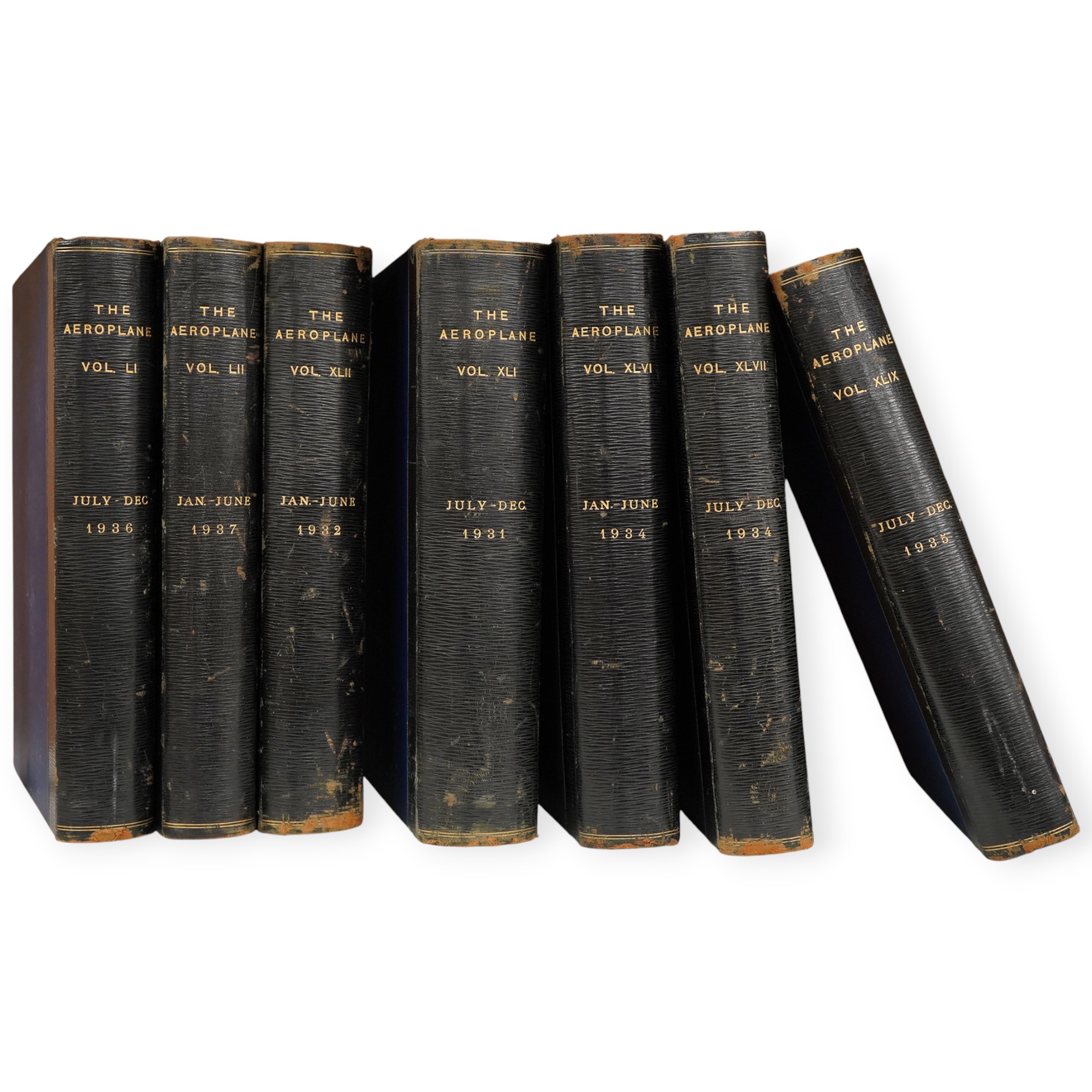 Seven bound volumes of 1930s issues of The Aeroplane magazine, ‘incorporating Aeronautical Engineering’, bound in half year volumes, covering July-Dec 1931, Jan-June 1932, a complete run of 1934, July-Dec 1935, July-Dec